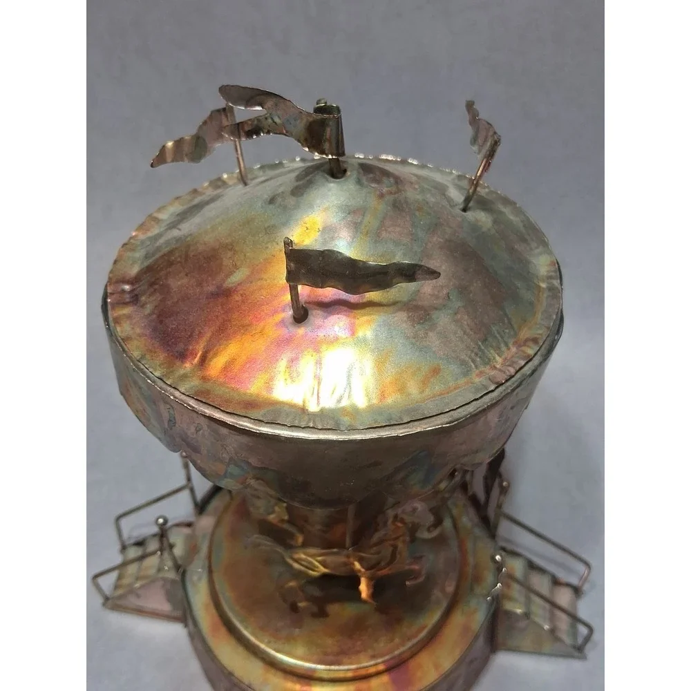 VTG Tin Copper Rotating Carousel Music Box Works 60's Brutalist Merry Go Round